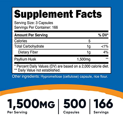 Psyllium Husk 1500mg – 500 Cápsulas (3 Frascos) | Fibra Natural para Digestão Saudável - Nutricost