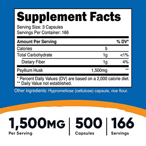 Psyllium Husk 1500mg – 500 Cápsulas (3 Frascos) | Fibra Natural para Digestão Saudável - Nutricost