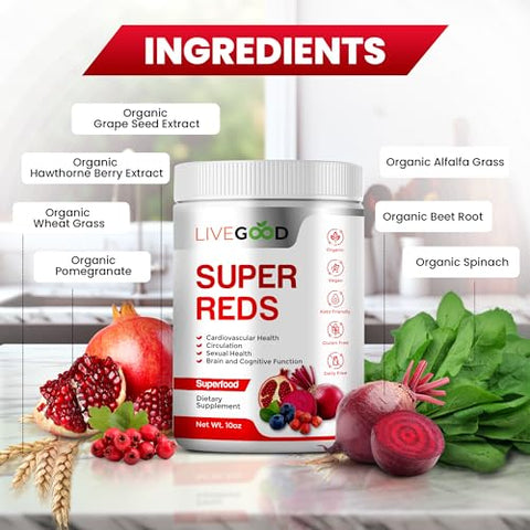 Super Reds Orgânicos com Alfafa, Grama de Cevada, Beterraba, Romã, Semente de Uva, Vegano, Sem Glúten, 200g - LIVEGOOD