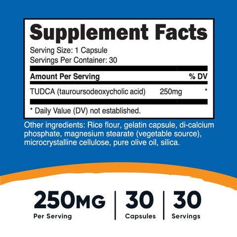 Tudca 250mg – 30 Cápsulas (Ácido Tauroursodeoxicólico) – Livre de Glúten, Não-OGM - Nutricost