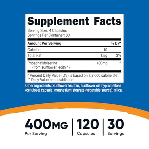 Phosphatidylserine 400mg – 120 Cápsulas | Livre de Soja, 30 Porções | Amigável para Vegetarianos, Não-OGM, Sem Glúten - Nutricost