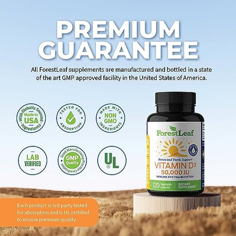 Vitamina D3 50000 UI – Saúde óssea e suporte imunológico – Cápsulas pequenas fáceis de engolir – Sem OGM, sem glúten – VIT D – Suplemento de vitamina D3 para mulheres e homens - ForestLeaf