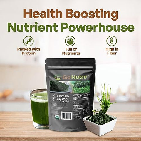 Pó de Chlorella, Pó de Verdes Puros com Vitaminas, Minerais e Antioxidantes, Pó de Super Alimento Natural de Verdes, Pó Verde de Células de Chlorella Quebradas, Não-OGM, 100g - Go Nutra
