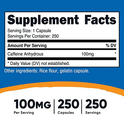 Cápsulas de Cafeína 100mg por Porção, 250 Cápsulas – Energia e Desempenho - Nutricost