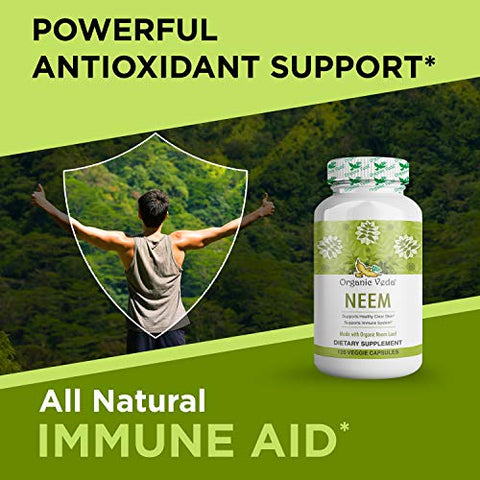 Neem Capsules 1000mg – Suplemento Herbal Orgânico Feito com Pó de Folha de Neem Ayurvédico da Índia – Suporta Pele Radiante, Imunidade, Desintoxicação e Resposta Inflamatória Saudável - Organic Veda