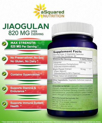 Jiaogulan – 180 Cápsulas com Extrato de Pimenta Preta – Ativador AMPK de Gynostemma Pentaphyllum, Cápsulas Adaptogênicas sem Cafeína, Raiz de Ginseng do Sul – Comprimidos Engajadores e Concisos - aSquared Nutrition