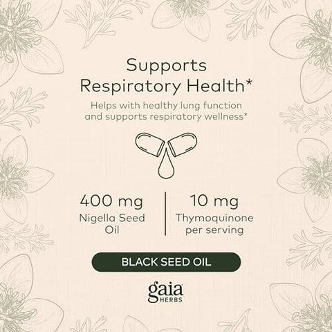 Óleo de Semente Preta Gaia Herbs – Cápsulas prensadas a frio para suporte pulmonar, respiratório e antioxidante – com Óleo de Semente de Nigella Orgânico – Suplemento Herbal – 60 cápsulas veganas líquidas