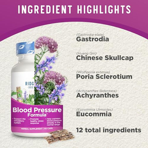 RidgeCrest Herbals - Fórmula Herbal Ridgecrest Herbals para Pressão Arterial, 12 Ervas, Cogumelo Poria, Gastrodia, Gardenia, para Saúde do Coração, Vascular e Circulação (60 Unidades)