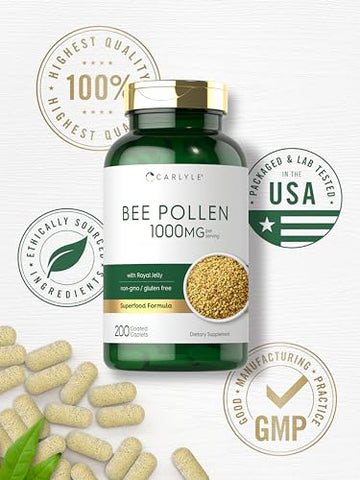 Suplemento de Pólen de Abelha 1000mg | 200 Comprimidos | com Geleia Real e Própolis de Abelha | Vegetariano, Não-OGM, Sem Glúten | Carlyle - Carlyle