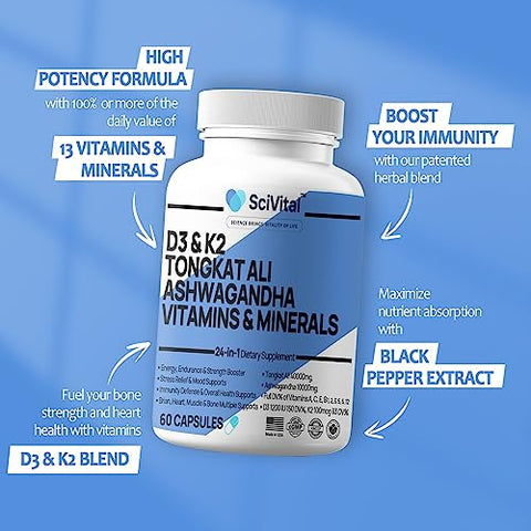 SciVital - Ashwagandha 10000mg Tongkat Ali 40000mg – Suplemento com Multivitamina D3 K2 para a Saúde Masculina
