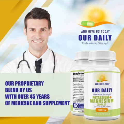 AND GIVE US TODAY OUR DAILY - Suplemento de Potássio e Magnésio 1000 mg – Potente Suplemento de Potássio e Magnésio com 5 Formas de Magnésio para Recuperação Muscular, Cãibras nas Pernas, Sem Glúten e Não-OGM