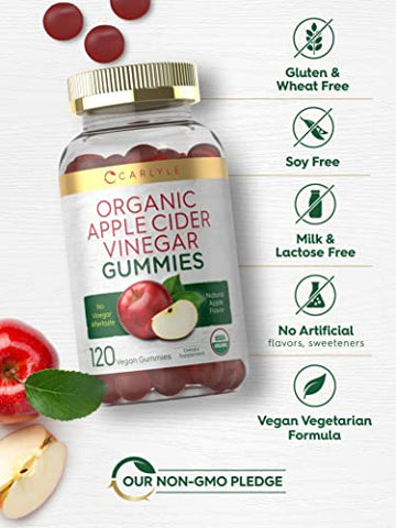 Gomas de Vinagre de Maçã Orgânico | 120 Unidades | Certificado Orgânico USDA | Vegano, Não-OGM | - Carlyle