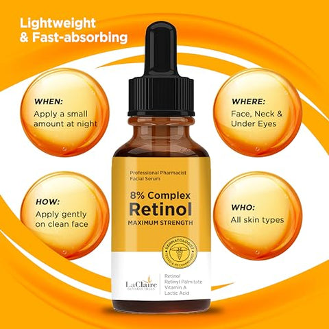 LaClaire - Sérum Facial Complexo Retinol, Anti-idade, Iluminador, Firmador, Suavizante, 30 ml