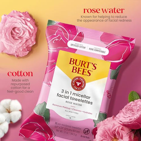 Burt's Bees - Burt’s Bees Lenços de Limpeza Facial com Água de Rosas, para Todos os Tipos de Pele, Removedor de Maquiagem Micelar Hidratante – 100g