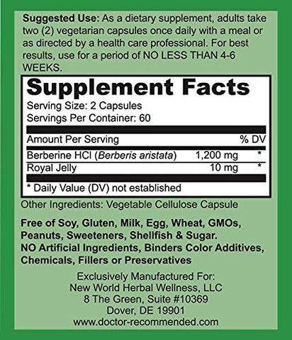 DOCTOR RECOMMENDED SUPPLEMENTS - Suplementos Recomendados por Médicos: Berberina Plus 1200mg por Porção – 120 Cápsulas Vegetais com Geleia Real