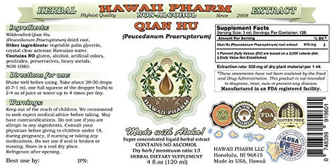 Hawaii Pharm - Qian Hu Extrato Líquido Livre de Álcool, Raiz de Hogfennel (Peucedanum Praeruptorum) Glicerito Herbal 4 oz (118 ml)