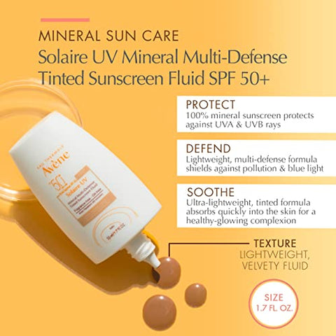 Eau Thermale Avene Solarie UV Mineral Multi-Defense Protetor Solar com Tonalizante, Fórmula Limpa para Pele Sensível, Amigo dos Recifes, Tonalidade Natural, Não Branqueador, Antioxidante – 50ml