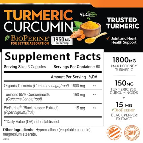 SILVERONYX - Curcuma Turmeric com BioPerine 1950mg, 95%% Curcuminoides Padronizados – Pimenta Preta para Máxima Absorção, Suporte Herbal para Articulações, Extrato de Cúrcuma da Natureza Suplemento Não-OGM – 180 cápsulas