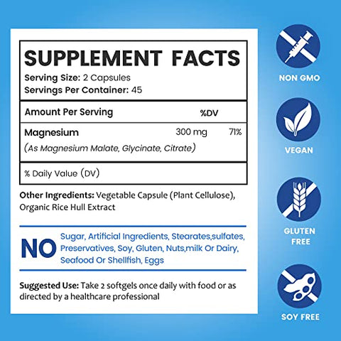 Complexo de Magnésio Triplo de Alta Absorção 300mg | Glicinato de Magnésio para Nervos, Malato de Magnésio para Energia, Suplemento de Magnésio para Apoiar a Saúde Muscular | Vegano, 300g - BioEmblem
