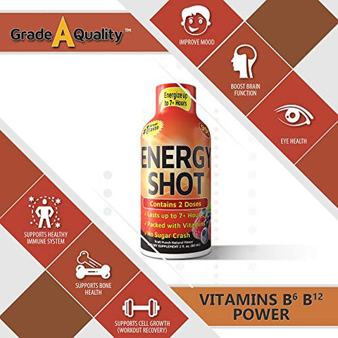Grade A Quality - Vitamin Energy Shots Sabor Frutas Vermelhas, Até 7 Horas de Energia, 57 ml, 48 Unidades
