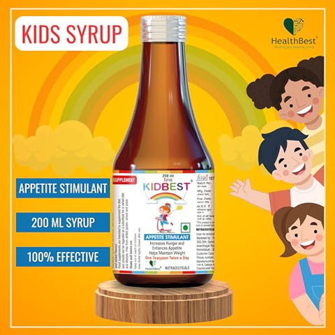 HealthBest - Kidbest Xarope Estimulante de Apetite para Crianças de 3 a 13 Anos | Aumenta o Apetite | Ajuda a Manter o Peso | Livre de Glúten | L-Lisina HCI, Vitaminas B1, B2, B6, B12 | 200 ml