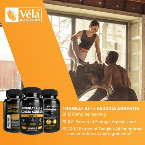 Véla - Fadogia Agrestis e Tongkat Ali Complex – Fórmula Potente de 1300mg com Extrato de Fadogia 10:1 e Extrato de Tongkat Ali 200:1 para Resistência e Energia – 120 CT