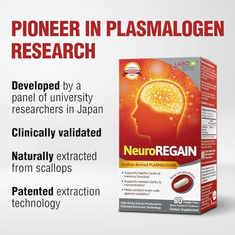 NeuroREGAIN – PLASMALOGEN derivado de vieiras para deterioração cerebral, memória, alerta, aprendizado, concentração e outras funções cognitivas – Adequado para - LABO Nutrition