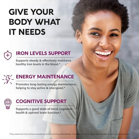 NUTRAHARMONY - Suplemento de Ferro para Mulheres – 65mg de Ferro (Sulfato Ferroso 325mg) – Amigável ao Estômago | Liberação Lenta de Ferro | Alta Absorção – Vitaminas C, D3, B6, B12