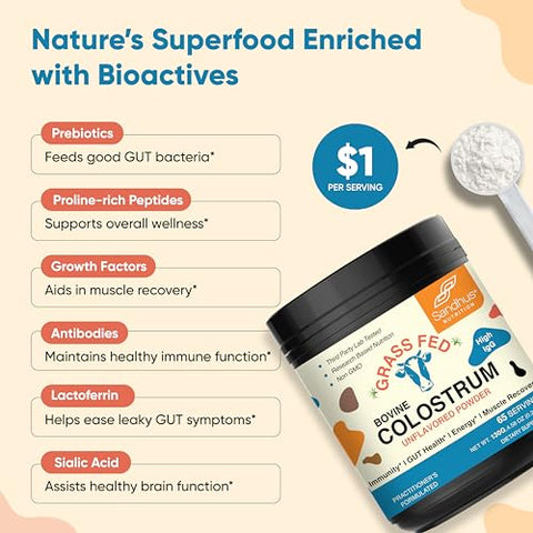 Sandhu's - Sandhu’s Pó de Colostro Bovino para Humanos | 65 Porções de Suplemento de Vacas Alimentadas com Grama | Alto Teor de IgG para Melhor Saúde Intestinal | Imunidade