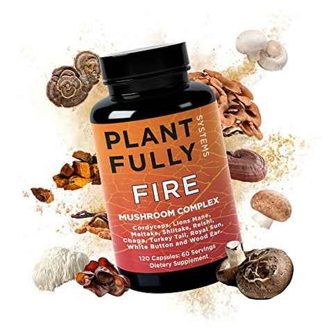 Plantfully Systems - Lions Mane 2660mg 10in1 Suplemento de Cogumelo com Reishi Lions Mane Cordyceps Chaga Turkey Tail Maitake Shiitake Complexo Nootrópico Cápsulas de Energia Cerebral 120 Unidades Feito nos EUA