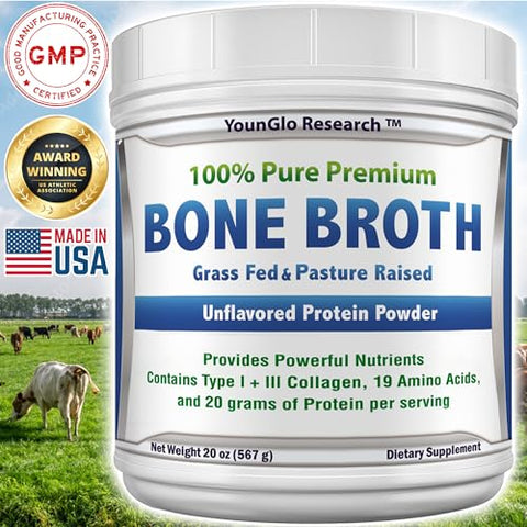 YounGlo Research - Pó de Proteína de Caldo de Osso de Carne 20 oz, Alto em Colágeno – Marca: Bone Broth