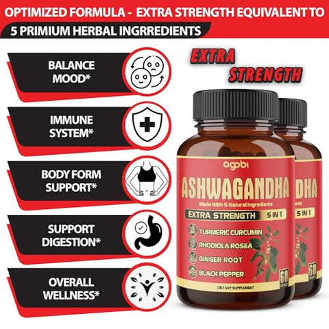 agobi - 2 Pacotes – 60 Cápsulas de Ashwagandha Concentrada – Fórmula 5 em 1 com Ashwagandha, Cúrcuma, Rhodiola Rosea, Gengibre e Pimenta Preta – Suprimento de 4 Meses