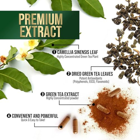 Nature's Nutrition - Extrato de Chá Verde em Cápsulas para Perda de Peso 1000mg 98%% Padronizado em EGCG – 3X Mais Potente para Energia Natural – Suporta a Saúde Antioxidante do Coração com Polifenóis, Suplemento Herbal Vegano