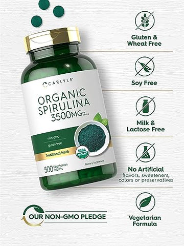 Spirulina Orgânica em Comprimidos 3500mg | 500 Unidades | Não-OGM - Carlyle