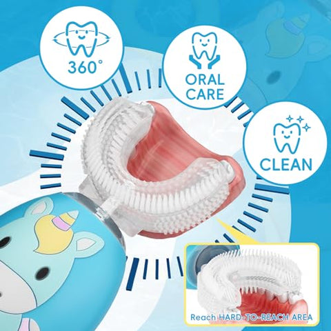 WKSHUNLI - Escova de Dentes Elétrica Infantil, U Shaped com 4 Cabeças de Escova, Ultrassônica Automática com 2 Modos para Idade de 2-12 Anos, Escova de Dentes Completa à Prova d’Água IPX7