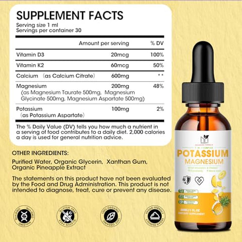 MABEFY - Suplemento Líquido de Potássio e Magnésio, Aspartato de Potássio 100mg com Complexo de Magnésio 1500mg, Cálcio, Vitamina D3, Zinco, Sem Açúcar
