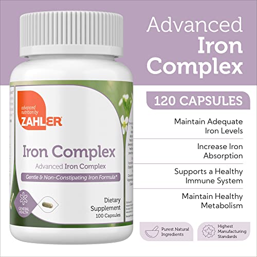 Suplemento de Ferro com Vitamina C – Cápsulas de Ferro para Mulheres e Homens – Alta Absorção, Suave no Estômago, Kosher Suplementos de Ferro Ferroso com Vitaminas C, B12, Folate - Zahler