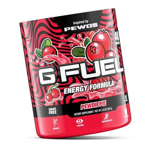 PewDiePie – Pó Energético, Sem Açúcar, Foco com Cafeína Limpa, Mistura para Água, Sabor de Lingonberry, Aminoácidos de Foco, Vitaminas e Antioxidantes – 280g (40 Porções) - G Fuel
