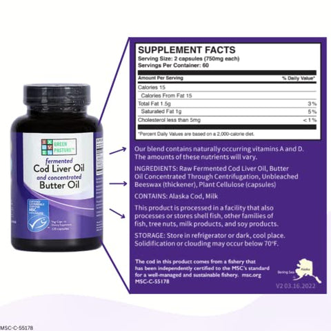 Óleo de Fígado de Bacalhau Fermentado Green Pasture e Óleo de Manteiga Concentrado – 120 Cápsulas