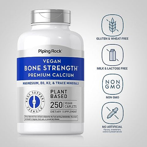 Suplemento para Fortalecimento Ósseo com Cálcio, Magnésio, Vitamina D3, K2 e Zinco | 250 Cápsulas | Vegano, Não-OGM, Sem Glúten - Piping Rock