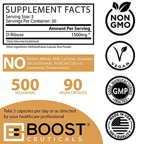 D Ribose – Vegano Puro Sem OGM Sem Estearatos Sem Glúten – 90 Cápsulas de 500 mg de D-Ribose - BoostCeuticals