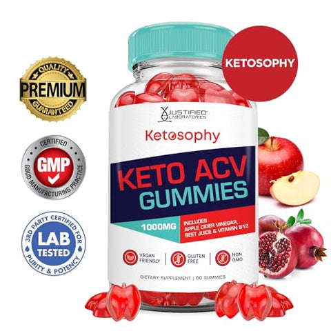Justified Laboratories - (2 Pacotes) Gomas Ketosophy Keto ACV Fórmula Avançada 1000MG Gomas Ketosophy Keto Vinagre de Maçã Formulado com Pó de Romã e Beterraba B12 Vegano Não GMO 120 Gomas
