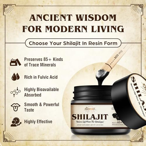 Sennasi - Shilajit Puro Himalaia Orgânico Resina de Shilajit – 600mg Potência Máxima Natural Orgânica com 85 Minerais Traços