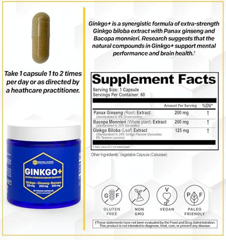 Suplemento de Ginkgo Biloba com Panax Ginseng e Bacopa Monnieri – Foco e Desempenho Mental – Cápsulas de Ginkgo Biloba para Adultos – 60 Cápsulas - NATURAL STACKS