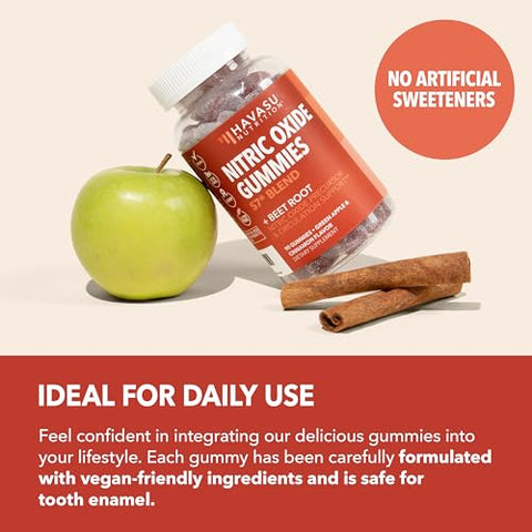 HAVASU NUTRITION - Gomas de Óxido Nítrico para Homens e Mulheres – Suplementos de Óxido Nítrico com L-Arginina e Beterraba – Sabor Maçã Verde e Canela – 90 Veganas, Livres de Glúten e