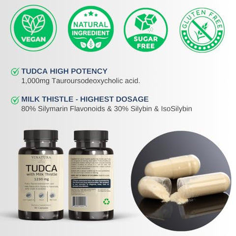 VINATURA - TUDCA Milk Thistle 1250mg – Suporte ao Fígado, Saúde Hepática, Suplemento para Vesícula Biliar *Fabricado e Testado nos EUA*, Suplemento Tudca, Suplemento de Sais Biliares, Suplemento para Saúde Hepática – 90 cápsulas
