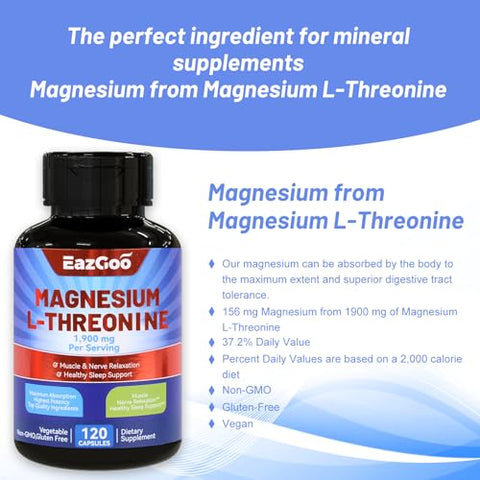 EAZGOO - Suplemento de Magnésio L-Treonina, Mineral Magnésio, 1900mg, 240 Cápsulas