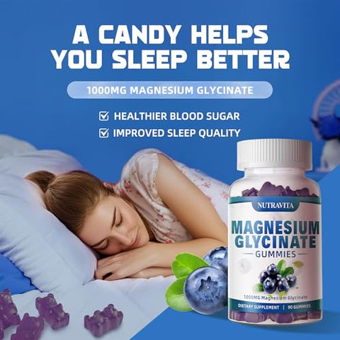 nutravita - Magnesium Glycinate Gummies 1000mg com Magnésio L-Treonato, Complexo de Magnésio Quelato de Potássio com VitD, B6, CoQ10, Cálcio, Suporte para Memória, Calma, Humor – 90 Gomas