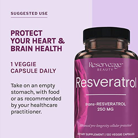 Reserveage Nutrition - Reserveage Beauty Resveratrol 250 mg – Melhor Trans-Resveratrol – Antioxidante Vegano para Células