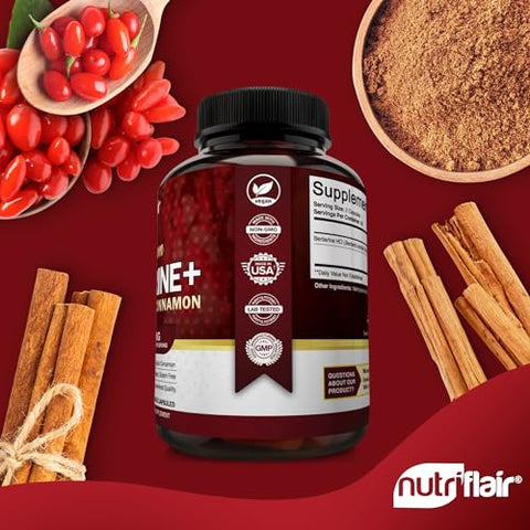 Premium Berberine HCL 1200mg + Canela Ceylon Pura – 120 Cápsulas | Sistema imunológico, gerenciamento de peso saudável - NutriFlair